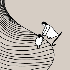 May include: A black and white illustration of a person helping a sheep up a hill. The hill is made of striped lines.