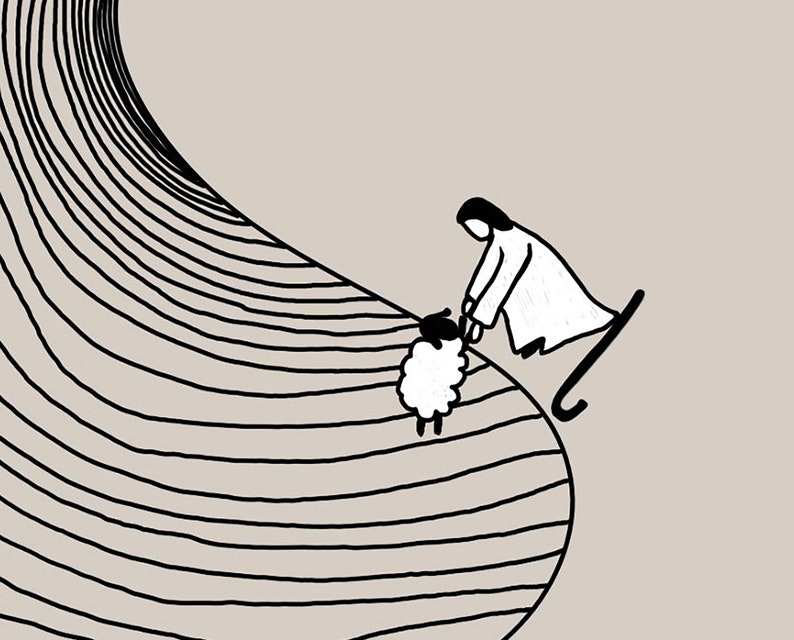 May include: A black and white illustration of a person helping a sheep up a hill. The hill is made of striped lines.