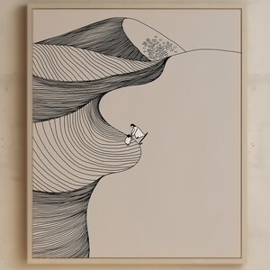 May include: A black and white line drawing of a person and a sheep standing on a large, curved, sand dune. The dune is drawn with many lines to create a textured effect. The background is a light beige color.
