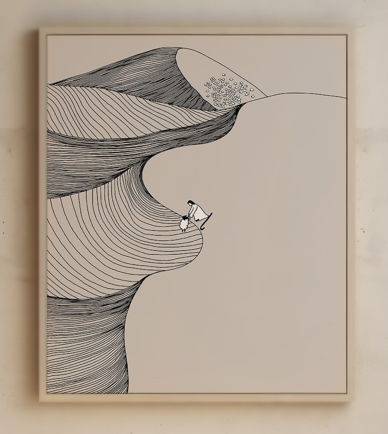 May include: A black and white line drawing of a person and a sheep standing on a large, curved, sand dune. The dune is drawn with many lines to create a textured effect. The background is a light beige color.