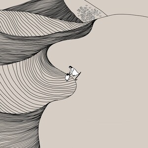 May include: A black and white line drawing of a person leading a sheep up a winding, layered path.