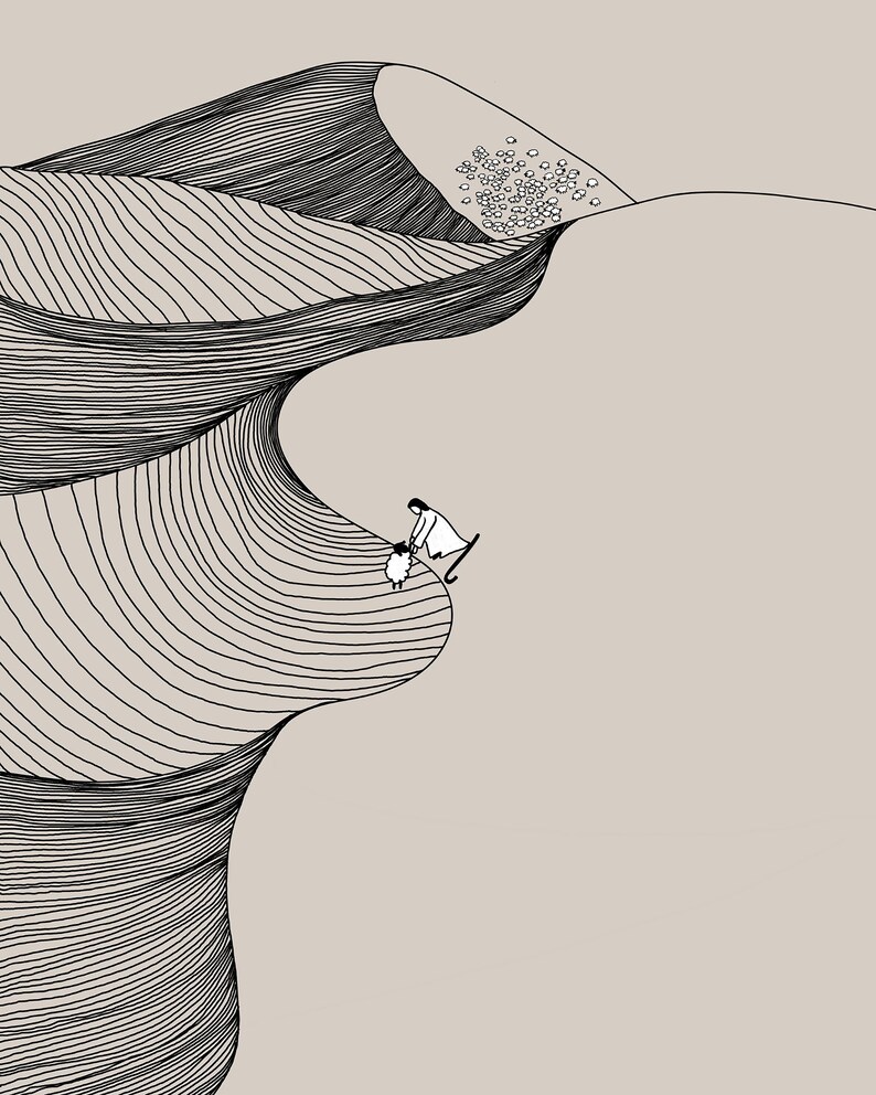 May include: A black and white line drawing of a person leading a sheep up a winding, layered path.
