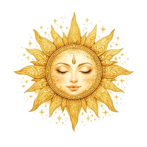 May include: A golden sun illustration featuring a central face with closed eyes and a serene expression. The sun is surrounded by intricate, flame-like rays and small, scattered star shapes, all rendered in a warm, metallic yellow color palette.