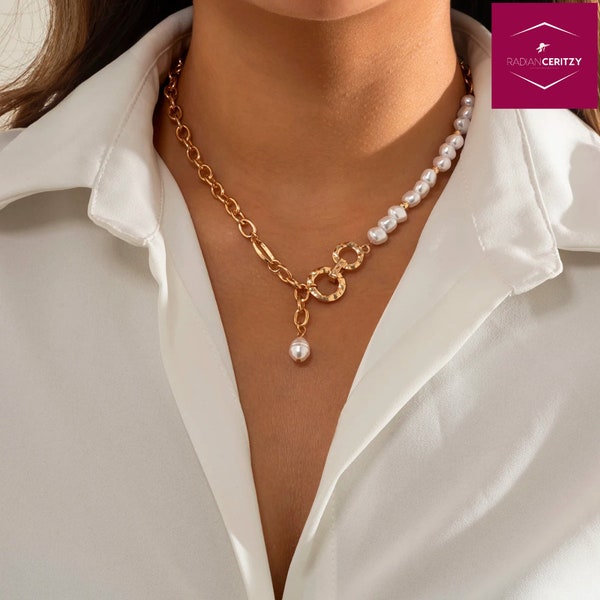 Collier de perles d'eau douce en forme de goutte d'eau pour femme, collier minimaliste, collier chaîne de perles en or, nacre biologique, cadeau pour elle