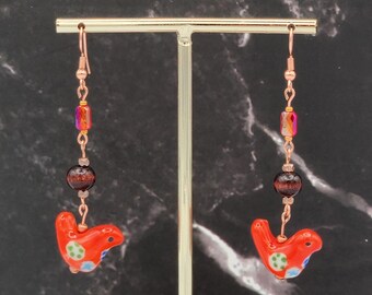 Red Enamel Bird Earrings Set