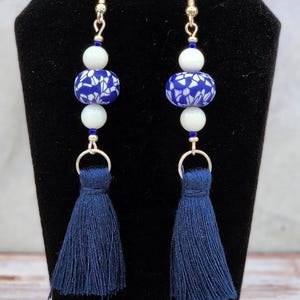 Navy Blue and White Tassel Earrings
