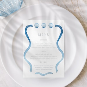 Plantilla de menú de concha azul, boda de acuarela pintada a mano / despedida de soltera / menú de cena, plantilla digital imprimible, elegante mar oceánico