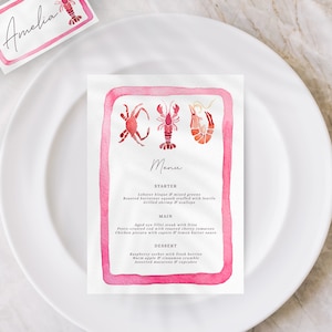 Plantilla de menú de langosta rosa, acuarela pintada a mano, boda / despedida de soltera / cena menú plantilla digital océano estético imprimible