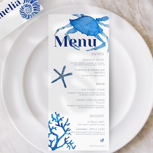 Modèle de menu bleu de la mer, aquarelle peinte à la main, menu de fête de mariage/douche nuptiale/dîner, modèle numérique, imprimable, océan esthétique