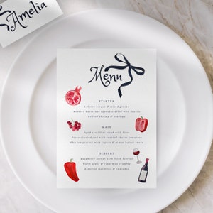 Plantilla de menú de pimiento rojo, boda de acuarela pintada a mano / despedida de soltera / menú de cena, plantilla digital, imprimible, ilustración de arco