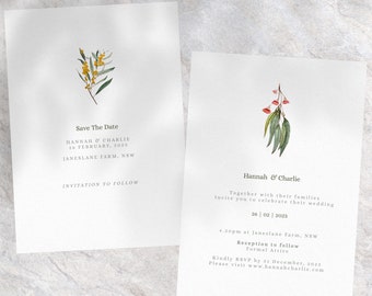 Australische Blumen Einladung Vorlage, handgemaltes Aquarell, Hochzeit einladen, Save the date, Party digitale Vorlage druckbar, elegant