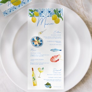 Plantilla de menú de la costa de Amalfi pintado a mano acuarela boda despedida de soltera cena fiesta menú plantilla digital imprimible comida italiana positano
