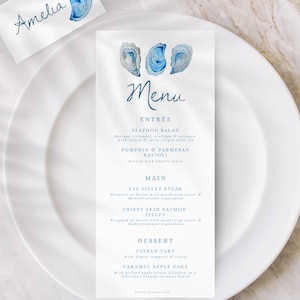Oyster Trio Menusjabloon, Handgeschilderde aquarel, Bruiloft / Bruidsdouche / Dinerfeestmenu, Digitale sjabloon, Afdrukbaar, esthetische oceaan