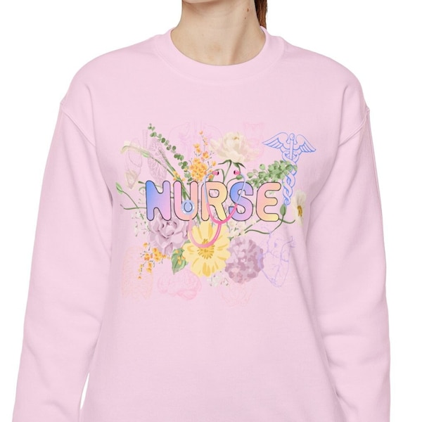 Floral Bouquet Nurse Crewneck Sweatshirt, pastel Nurse logo, Stethoscope, discrete human organ sketches, Nurse appreciation, Medical apparel