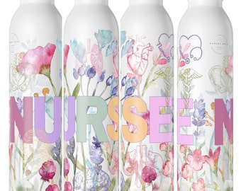 Watercolour Poppies Nurse Slim Water Bottle with discrete body organ sketches and colourful nurse logo, a gift for thirsty nurses at work