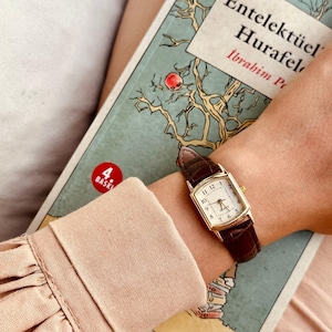 Dark Brown Leather Strap Square Case Women's Wristwatch Brown Women's ...