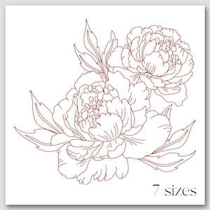 Contorno de bordado de flor de peônia – Design de arte de linha de peônia – Arquivo de máquina de flor Redwork – Bordado minimalista – Contorno de flor botânica