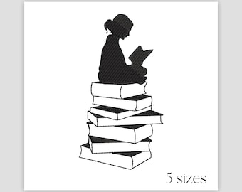 Girl reading machine embroidery design - Instant digital download for book lovers - Single color pattern - Multiple sizes