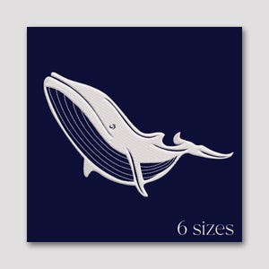 Puede incluir: Una silueta de ballena blanca sobre un fondo azul oscuro. La ballena está mirando hacia la izquierda y tiene una cola curvada. El texto "6 tamaños" está en la parte inferior de la imagen.