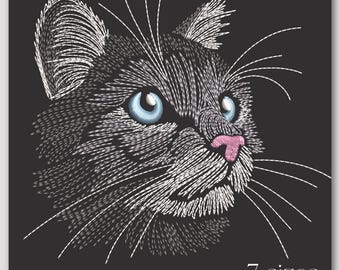 Cat face embroidery design - Realistic cat head pattern - Cute cat on a black background machine embroidery digital - 7 sizes included
