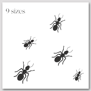 May include: Five black ant silhouettes on a white background. The text "9 sizes" is at the top of the image.
