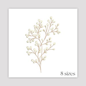 Può includere: Design floreale ricamato con uno stelo e piccoli boccioli rotondi bianco sporco. Il ricamo è nei toni del marrone e del crema, con il testo "8 dimensioni" in basso.