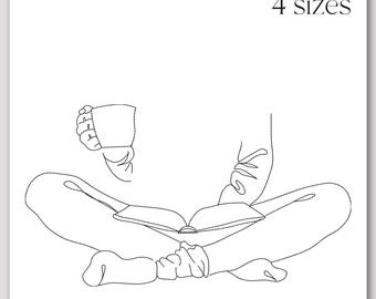 Love reading embroidery - Book and cup instant download file - Digital library machine embroidery design - Love books contour stitch pattern