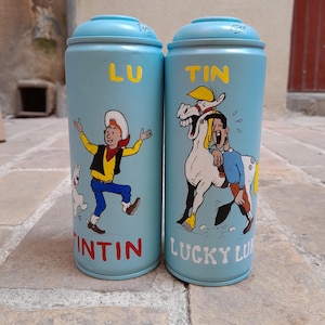 Hand-Painted Graffiti Spray Can Set: Lucky Luke & Tintin Street Art