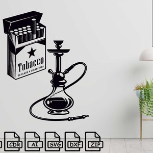 Puede incluir: Ilustración en blanco y negro de una pipa de agua con un paquete de cigarrillos que dice "Tobacco 20 CLASS A CIGARETTES".