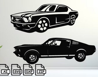 May include: Two black silhouette images of classic Ford Mustang cars. The top image shows the car from a three-quarter view, while the bottom image shows the car from a side view.