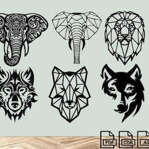 Könnte beinhalten: Ein Set mit sechs schwarzen und weißen Tierkopf-Silhouetten-Designs. Die Designs beinhalten einen Löwen, einen Elefanten, einen Wolf und drei verschiedene Stile von Wolfsköpfen. Die Designs sind perfekt für die Erstellung von Wandkunst, Schablonen oder anderen Bastelarbeiten.