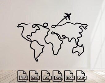 World map, Airplane cut svg dxf file wall sticker pdf silhouette template cnc cutting router digital vector instant download