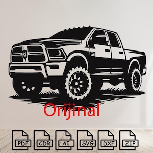 May include: Black and white silhouette of a pickup truck with the word "Original" below it. The truck is on a white background with a wooden floor below it. There are six icons below the truck, each with a different file extension: PDF, CDR, AI, SVG, DXF, and ZIP.