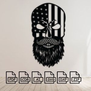 May include: Black and white digital file download of a skull with a beard and an American flag design. The file formats included are PDF, CDR, AI, SVG, DXF, and ZIP.