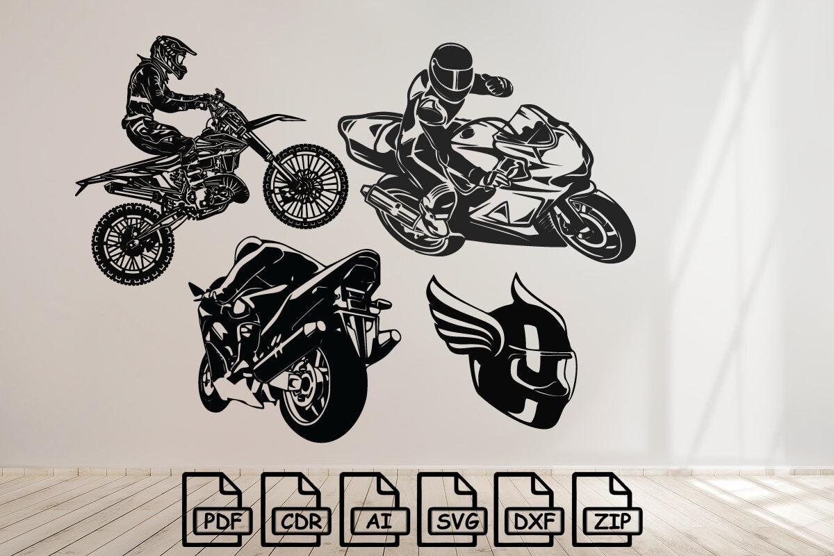 Motorcycle Router Template Motorcycle (4pcs) Svg Dxf File Wall Sticker Pdf Silhouette Template Cnc ...