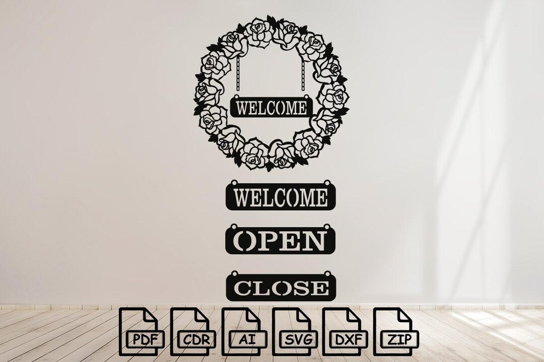 Floral Wall Welcome Sign Open Close Svg Dxf File Wall Sticker Pdf ...