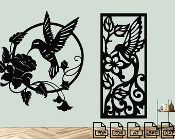 Hummingbird floral, panel (2pcs) svg dxf file wall sticker pdf silhouette template cnc cutting router digital vector instant download