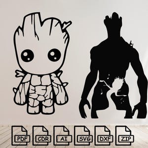 Groot, Marvel (2 peças) arquivo svg dxf adesivo de parede pdf modelo de silhueta roteador de corte cnc vetor digital download instantâneo