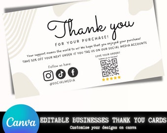 Minimalist Thank You Cards | DIY Marketing Insert Cards Template Designs, Thank You For Orders Packaging, Small Businesses, Customisable |