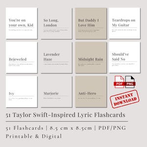 51 Flashcards com Letras de Músicas Inspiradas em Taylor Swift | Presentes para Swifties | Imprimíveis Digitais | TTPD | Cartões da Turnê The Eras | Citações