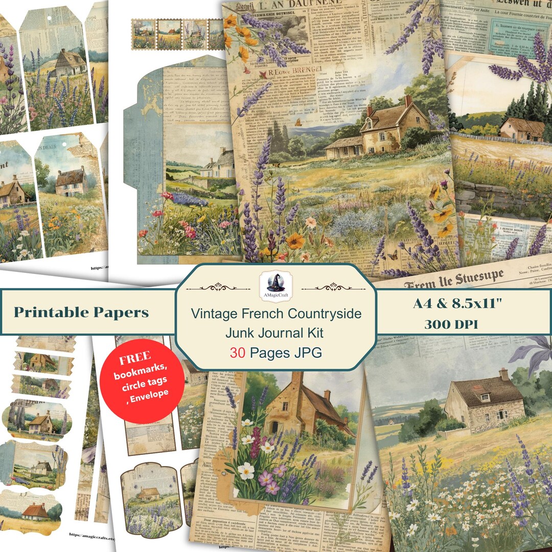 French Countryside Collage Pages Vintage Newspaper Junk Journal Kit (A4 ...