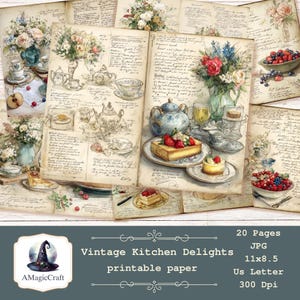 Puede incluir: Un conjunto de hojas de papel imprimibles de estilo vintage con ilustraciones en acuarela de escenas de cocina. Las hojas muestran tazas de té, teteras, pasteles y arreglos florales. El texto "Vintage Kitchen Delights printable paper" es visible.