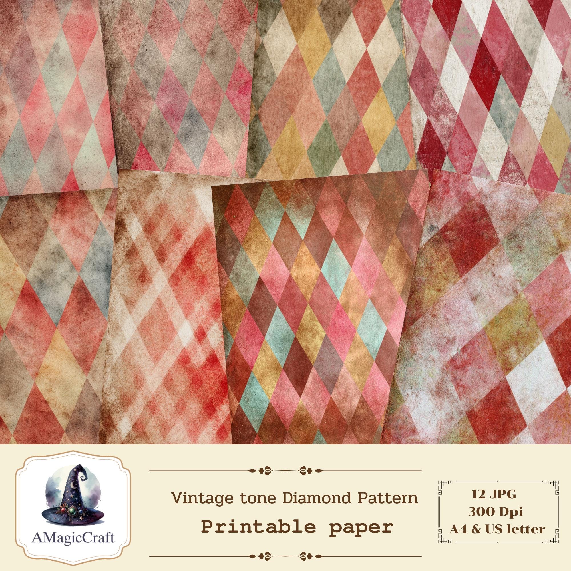 Vintage Diamond Junk Journal Paper: Distressed Geometric Designs