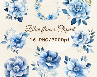 Blue flower Watercolor Clipart 16 PNG/300 Dpi Digital Download