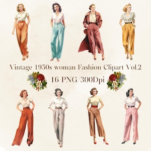 1950年代のヴィンテージ女性ファッション水彩クリップアートVol.2 16 PNG/300 Dpiデジタルダウンロード