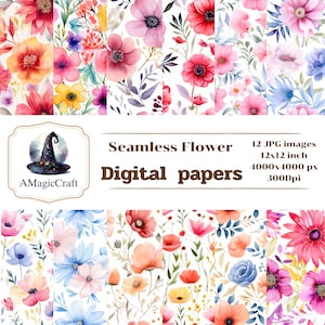 May include: A collection of 12 digital seamless flower JPG images, each 12x12 inches, featuring watercolor floral designs in various colors. The images include text that reads "Seamless Flower Digital papers".