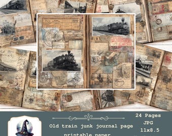 May include: A collection of vintage-style junk journal pages featuring train imagery. The pages are adorned with aged paper textures, stamps, and train illustrations. The text on the image reads "Old train junk journal page printable paper".