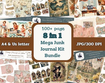 May include: A digital junk journal kit bundle featuring over 100 pages across 8 sets, including Alice in Wonderland, vintage housewives, Victorian roses, and witches. The kit includes A4 and US letter formats in 300 DPI JPG files for crafting.