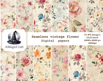 May include: A collection of 12 digital papers featuring seamless vintage floral designs. The papers showcase watercolor flowers in shades of pink, peach, and blue, set against a cream-colored background. The image includes text that reads "Seamless vintage flower digital papers."