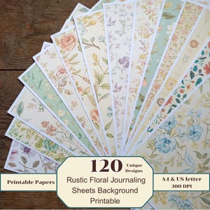 Könnte beinhalten: Eine Sammlung von 120 bedruckbaren floralen Journaling-Blättern mit einzigartigen Designs. Die Blätter zeigen verschiedene Blumenmuster in Pastellfarben, darunter Rosen und Blätter. Der Text auf dem Bild lautet "Printable Papers", "Rustic Floral Journaling Sheets Background Printable" und "A4 & US letter 300 DPI".